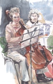 Jackie - Cello at rehearsal.  Copyright Caroline Glanville